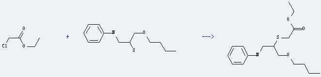 Ethyl chloracetate can react with 1-(N-phenylamino)-3-butoxypropane-2-thiol to get (1-butoxymethyl-2-phenylamino-ethylsulfanyl)-acetic acid ethyl ester